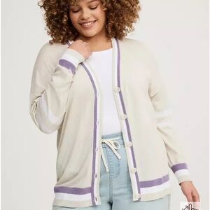 Torrid Cream and Lavender Knit Drop Shoulder Cardigan Top Woman Plus Size 1